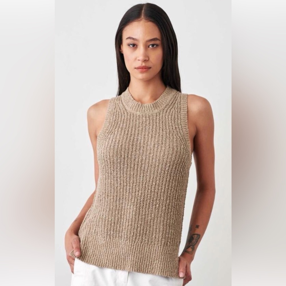 White + Warren‎ Cotton Blend Pointelle Stitch Tank Neutral Beige Small